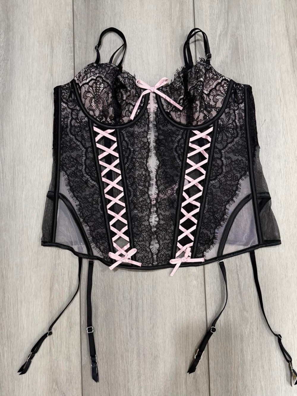 Victoria's Secret Black Unlined Lace-Up Corset Top with Pink Ribbon Trim & Strap